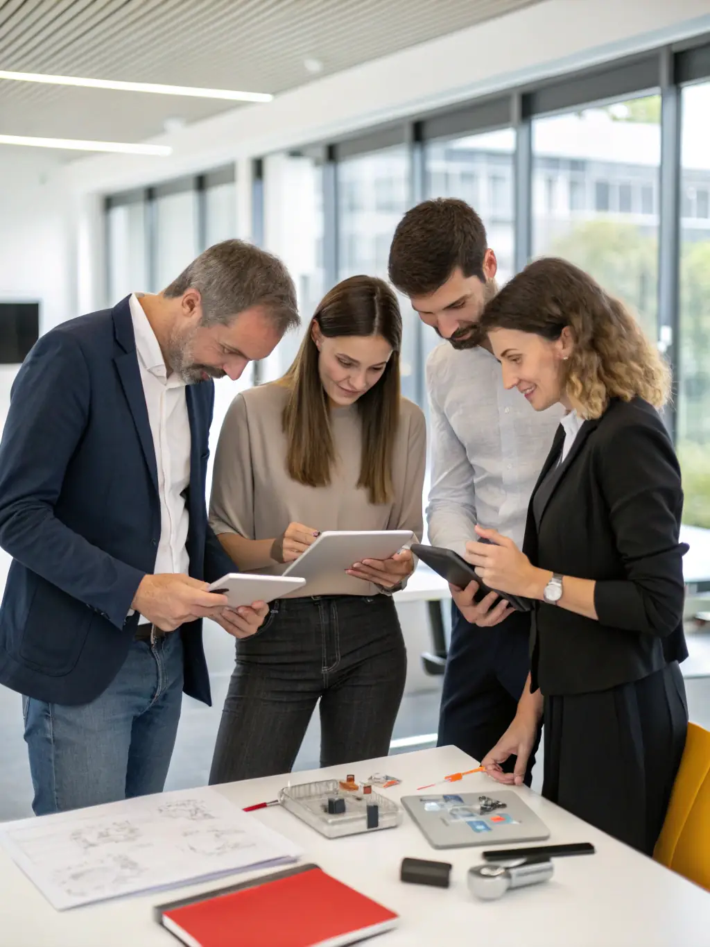 A product development team collaborating on a new design, using digital tools and prototypes to refine their ideas.