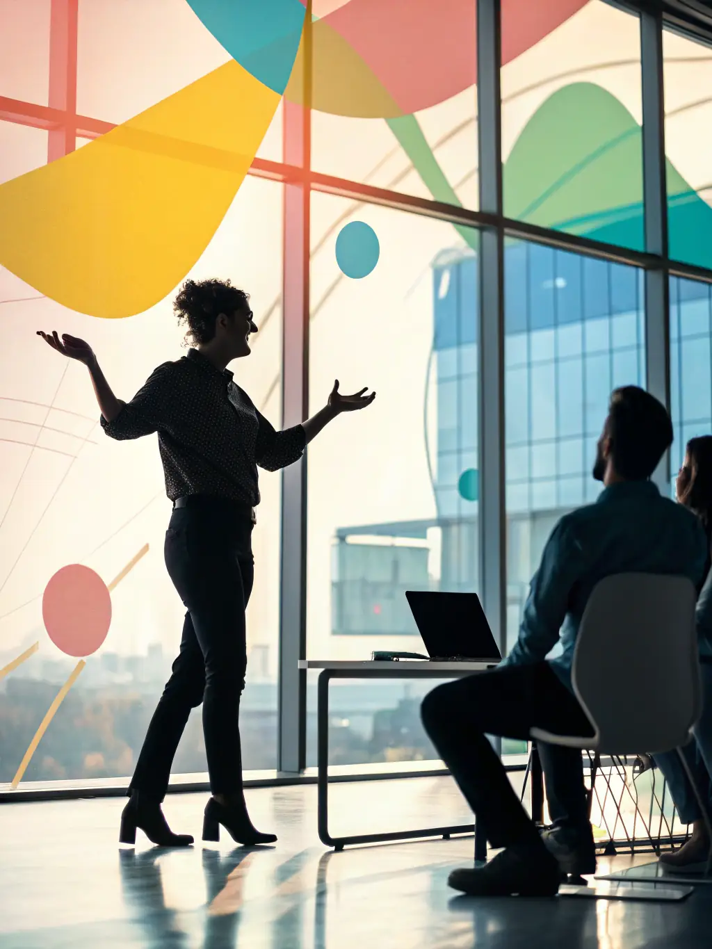 A business professional in a coaching session, brainstorming ideas on a whiteboard with sticky notes, representing innovation strategy coaching.